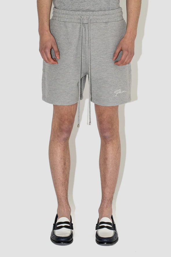 FLANEUR HOMME EMBROIDERED SIGNATURE SHORTS IN HEATHER GREY