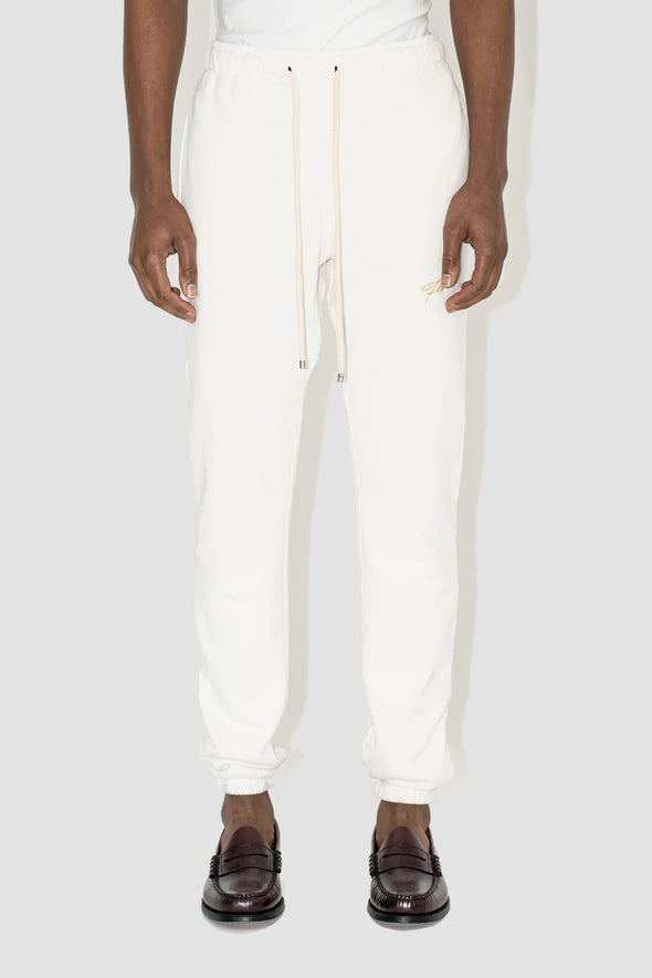 FLANEUR HOMME EMBROIDERED SIGNATURE SWEATPANTS IN ECRU