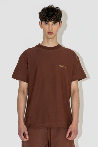 FLANEUR HOMME EMBROIDERED SIGNATURE TSHIRT IN DARK BROWN