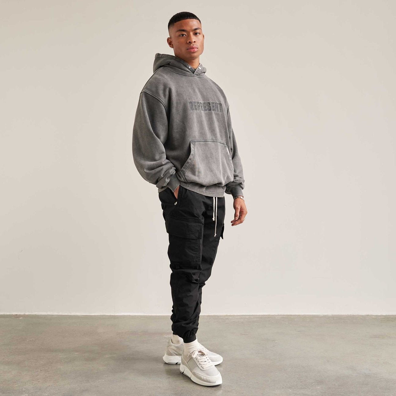 REPRESENT EMBROIDERED LOGO HOODIE VINTAGE GREY AITCH